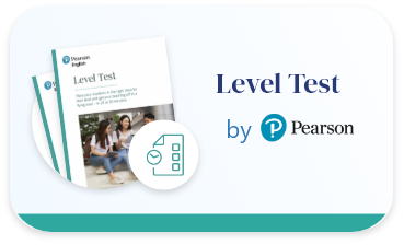 An image features the Pearson logo and the text “Level Test by Pearson.” It shows a couple of printed papers labeled "Level Test" and includes an icon with a checklist and a clock, symbolizing the test components.