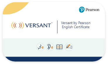 An image displaying the Versant by Pearson English Certificate logo. The Versant logo features sound waves next to the word "VERSANT." The certificate includes icons representing speech, listening, reading, and typing, with the Pearson logo at the top right.