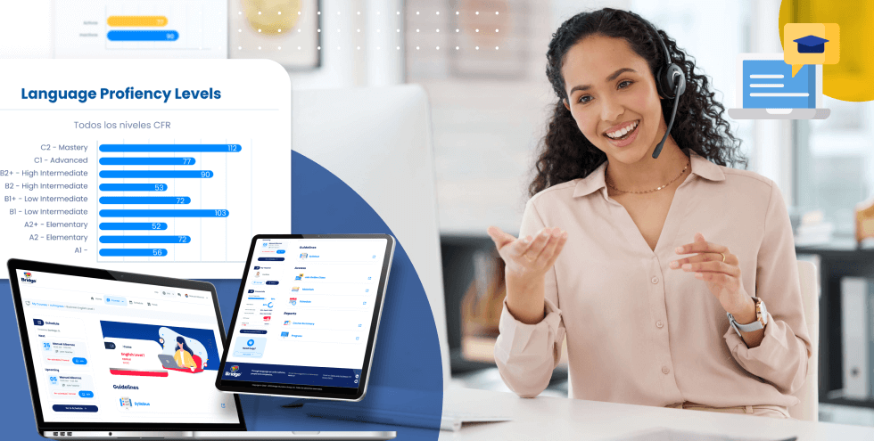 Colaboradora aprendiendo en línea con gráficos de niveles de competencia en la plataforma de Bridge 