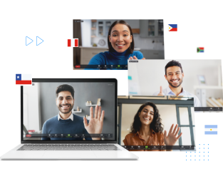 A diverse group of four people are smiling and waving at their webcams during a virtual meeting. They are displayed on a laptop screen with various international flags around, signifying global participation.