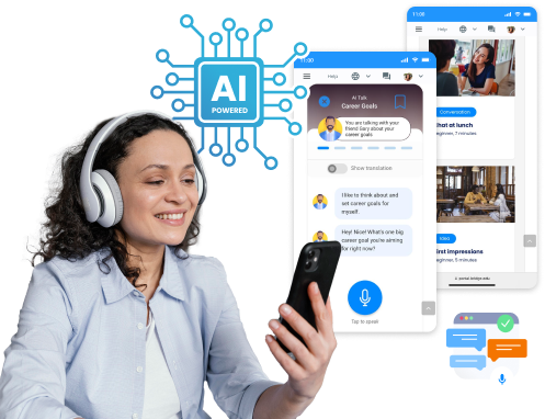 A woman wearing headphones smiles while looking at her smartphone. Beside her, there are interfaces of an AI-powered app showing a chat conversation and job listings. Icons and graphics around the interfaces suggest technology and communication themes.