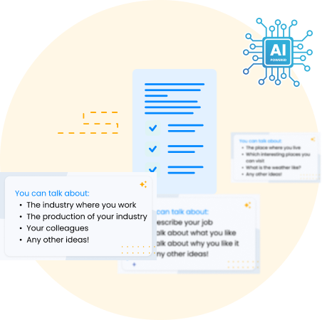 An illustration of a list accompanied by various text boxes, each suggesting different conversational topics. There's a circuit-like icon labeled "AI Powered" at the top right, indicating the suggestions are generated by artificial intelligence.