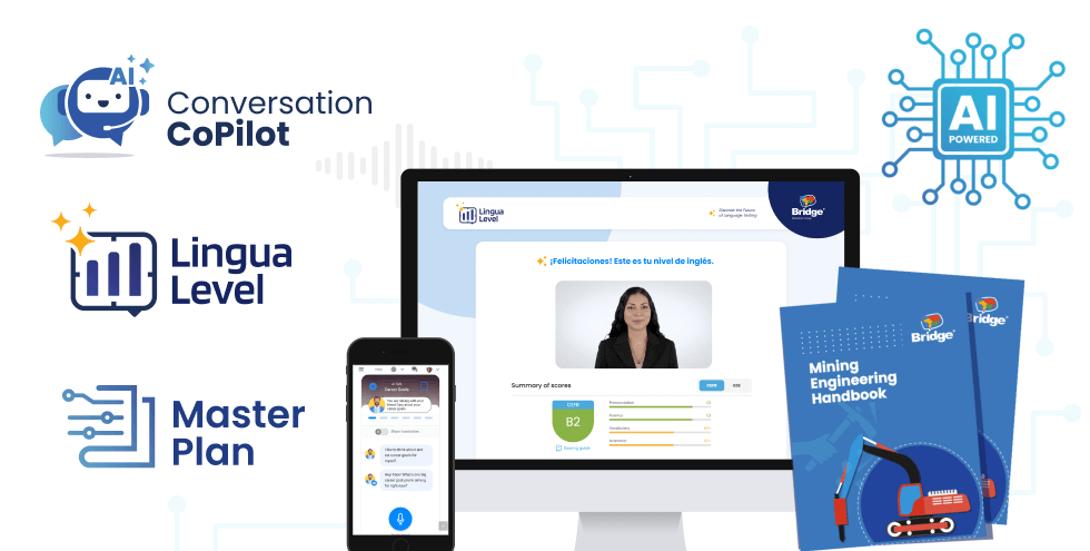 Una muestra de las herramientas impulsadas por IA de Bridge para la capacitación de idiomas: Conversation CoPilot, LinguaLevel y Master Plan, presentadas en dispositivos digitales y materiales impresos.
