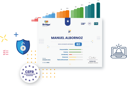 An illustration of a language certificate awarded to "Manuel Albornoz" showcasing a B2 level in English. The certificate highlights skills in pronunciation, fluency, vocabulary, text grammar, and task achievement. Surrounding icons include a bar graph, a padlock, and digital concepts.