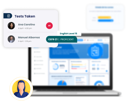 A laptop screen displaying analytics and graphs is in the background. Foreground elements show user icons with test details: "Ana Carolino" and "Manuel Albornoz", including their test dates and times. A proficiency tag states "English Level 15, CEFR C1 | Proficient".