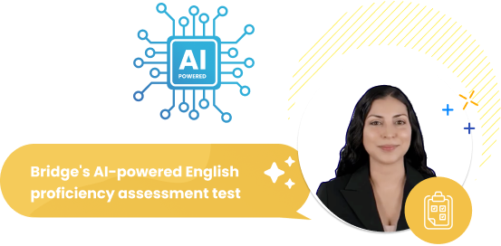 Image shows a promotional graphic for Bridge's AI-powered English proficiency assessment test. A professionally dressed woman smiles on the right side within a yellow circle. To the left, there is an AI chip icon with decorative circuits extending from it.