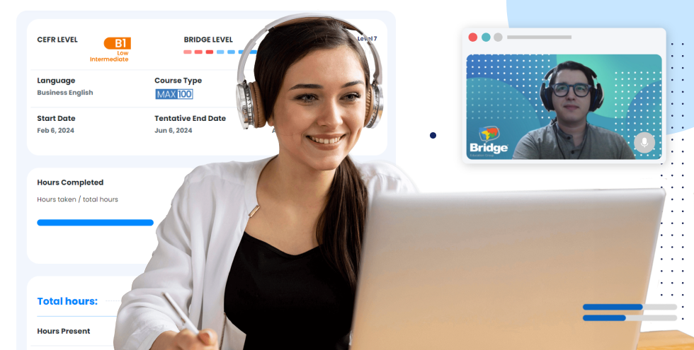 A woman with headphones smiling as she participates in an online class with a Bridge Global Teacher, with course progress displayed on the screen. 