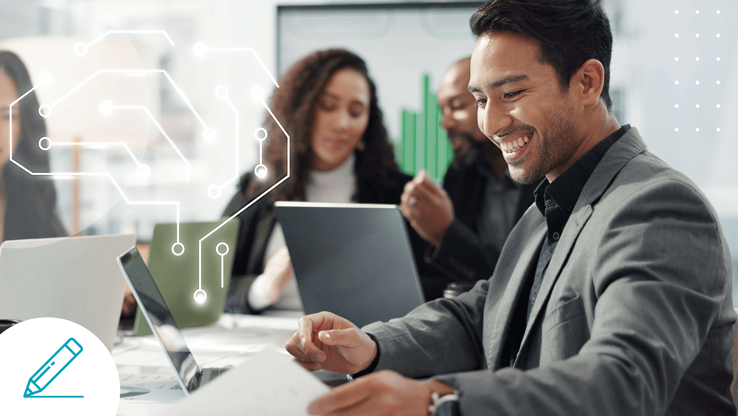 A smiling professional in a business meeting working on a laptop with an abstract AI circuit design overlay.