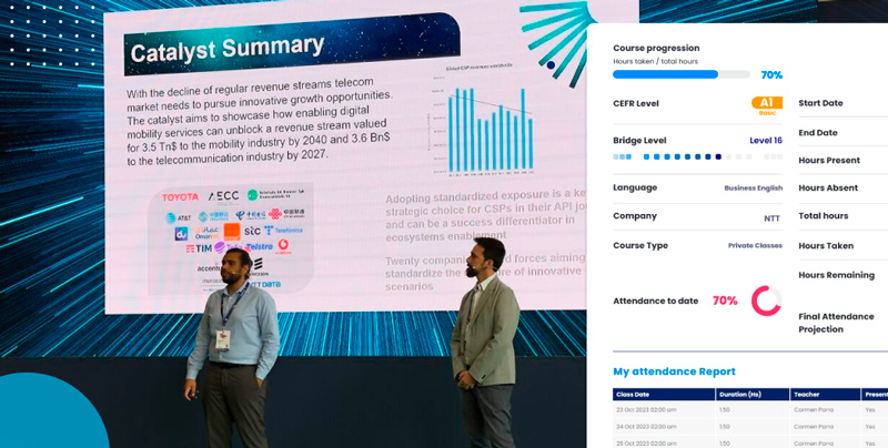 Colaboradora revisando un informe de progreso en una laptop durante una capacitación en inglés