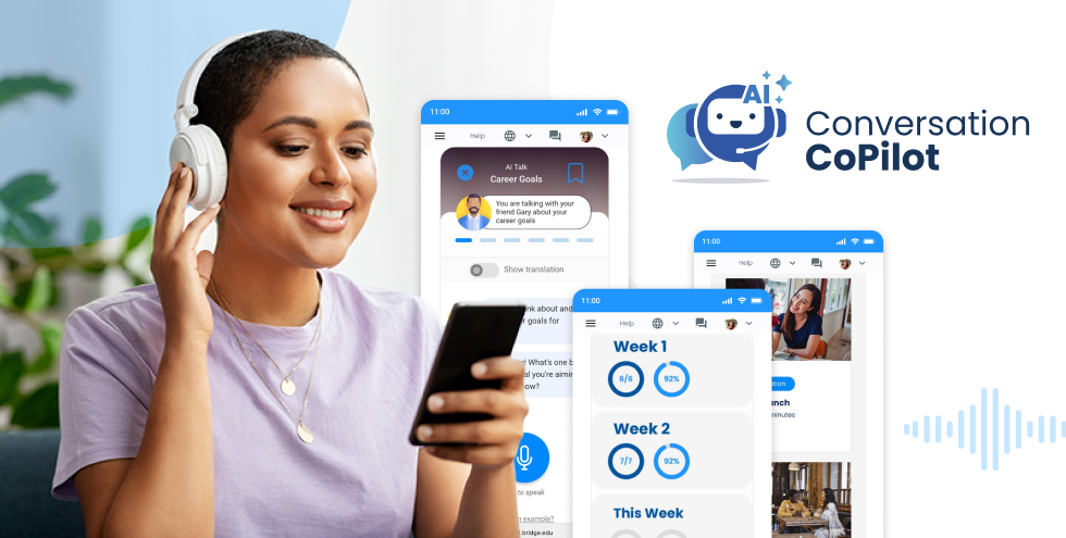 Colaboradora utilizando Conversation CoPilot para mejorar su inglés conversacional.