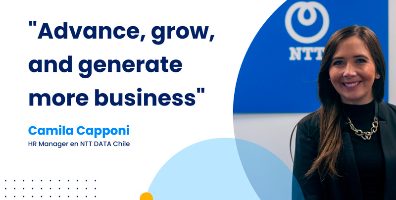 Camila Capponi, HR Manager at NTT Data Chile, sharing her quote on business growth through language training.