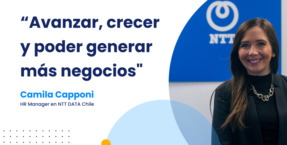 Camila Capponi, Gerente de Recursos Humanos en NTT Data Chile, compartiendo su cita sobre el crecimiento empresarial a través de la capacitación en idiomas.