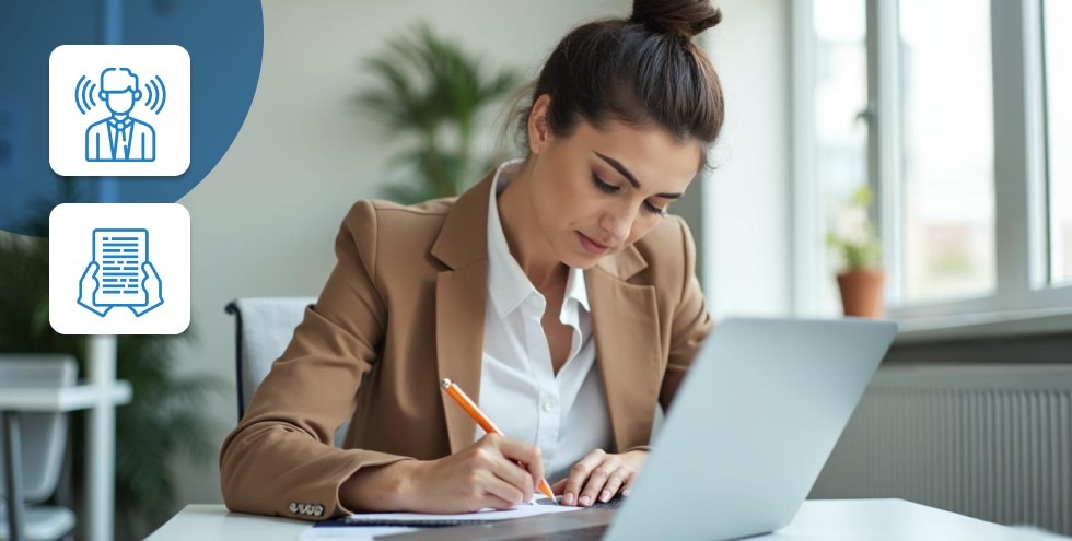 Mujer profesional tomando notas mientras trabaja en su laptop en una oficina moderna.