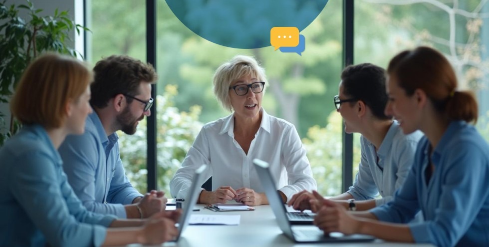Grupo de profesionales en una reunión de trabajo, con una líder mayor hablando y colaboradores escuchando atentamente.