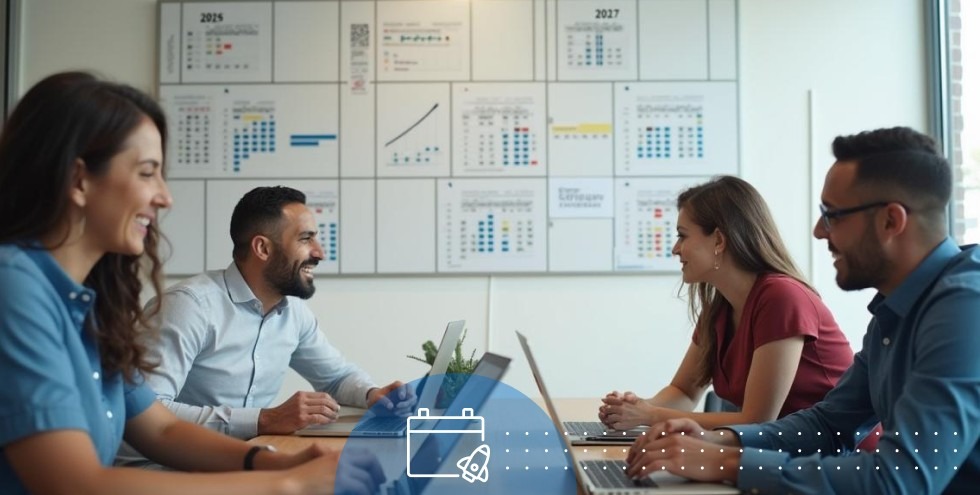 Equipo de profesionales en una reunión de trabajo, colaborando frente a laptops con un tablero de planificación en el fondo.