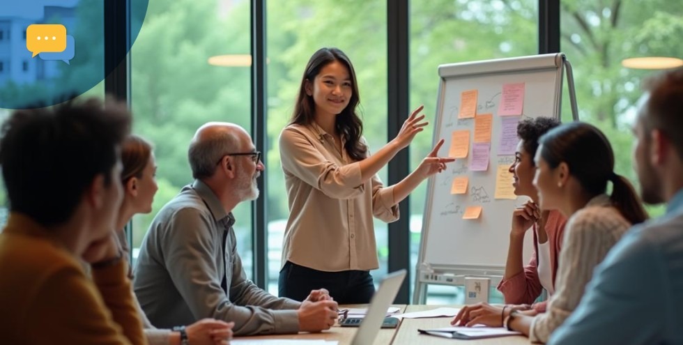Young woman leading a presentation with a flip chart, engaging a diverse team around a conference table.