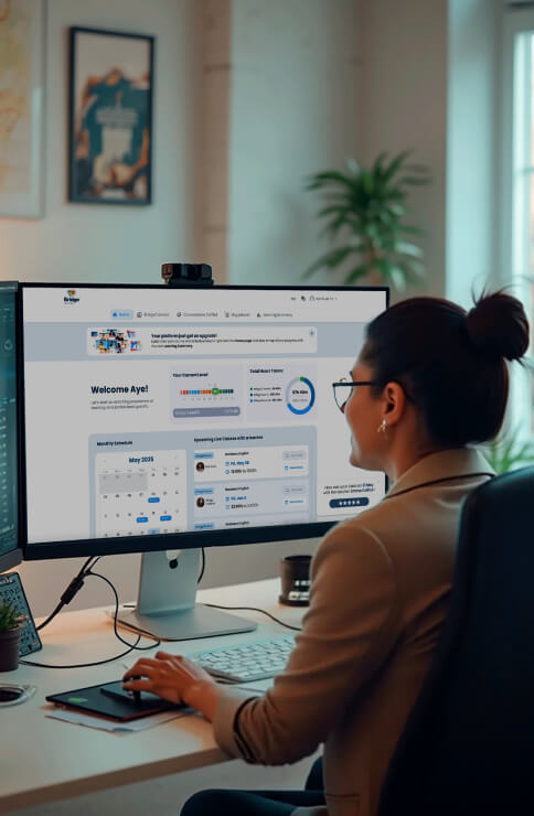 Learner Platform Interfaz de la plataforma Bridge que muestra el panel de control del alumno, el seguimiento del progreso y las herramientas del curso de idiomas.