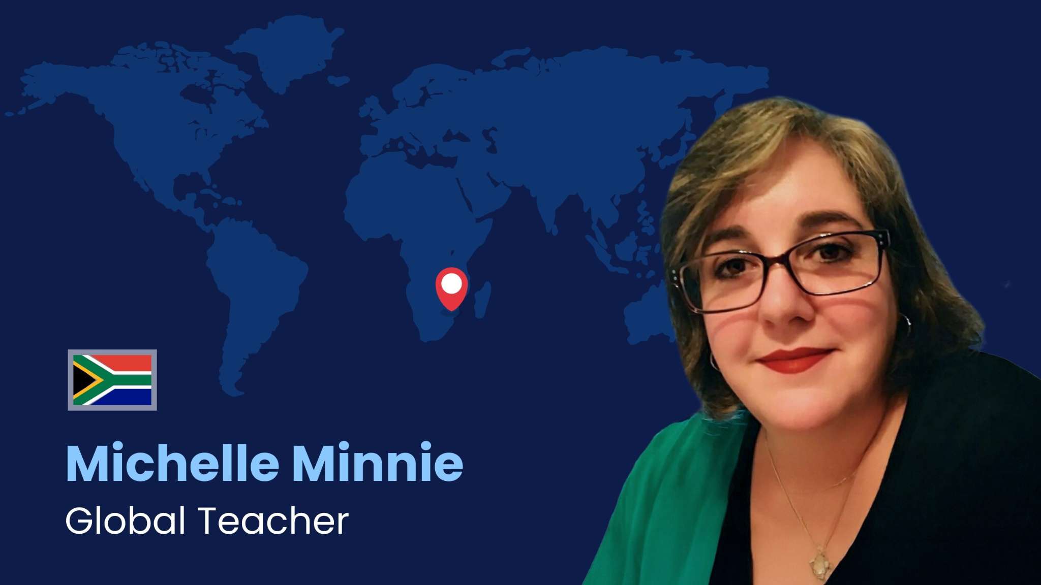 Michelle Minnie, Global Teacher de Bridge, con fondo de mapa mundial destacando Sudáfrica.