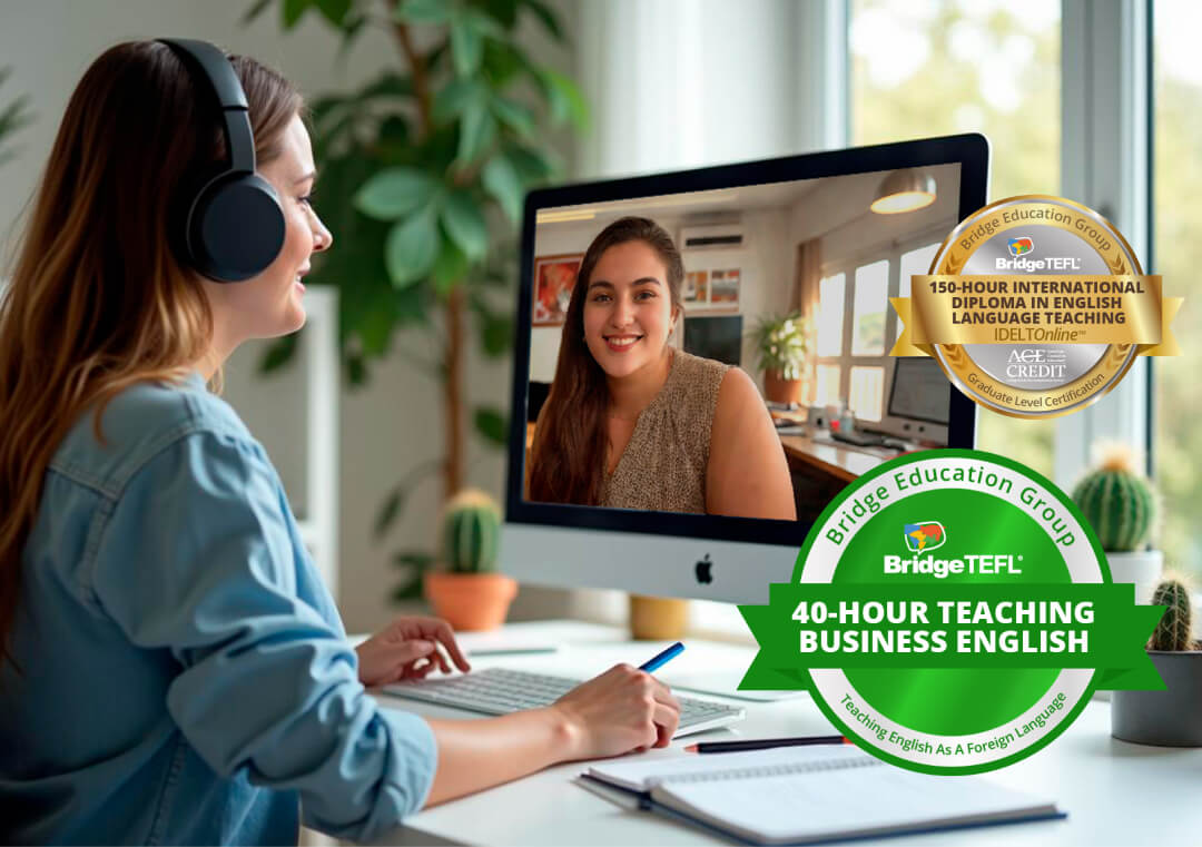 Aprendizaje guiado por Global Teachers Mujer en una sesión de capacitación TEFL en línea con insignias de certificación BridgeTEFL mostradas en la pantalla.