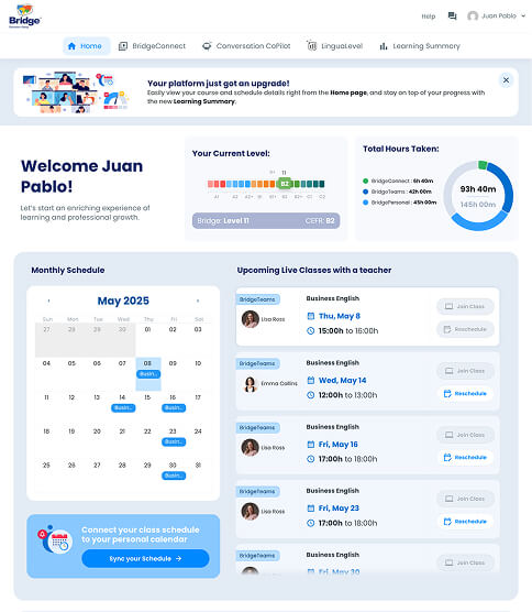 EdTech innovadora Panel de estudiantes que muestra el nivel del curso de inglés, las horas completadas, el calendario y las próximas clases en vivo.