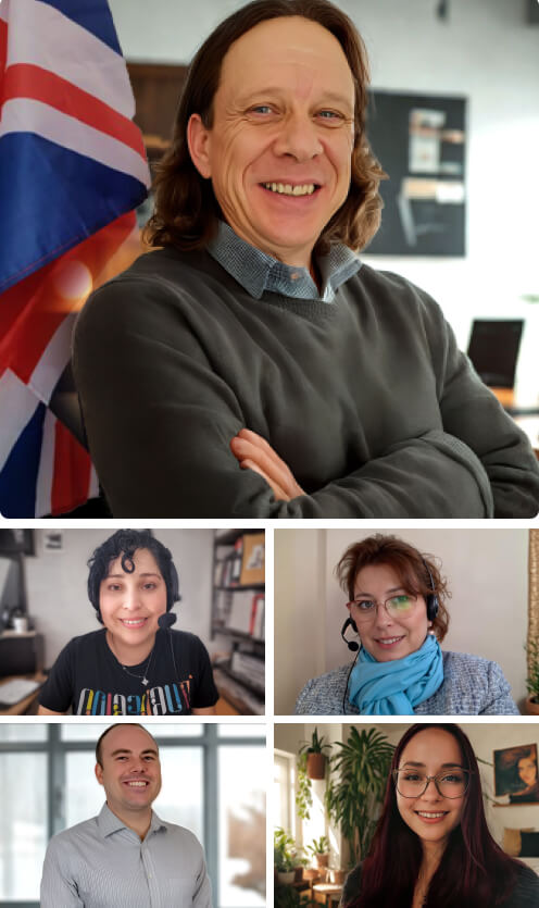 Una red global de teachers de nivel internacional Grupo diverso de profesores de inglés globales colaborando en una sesión de formación en línea.
