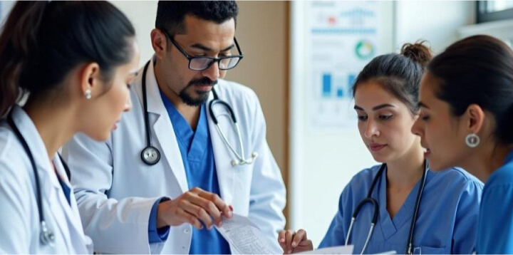 Farmacéutica y Ciencia Empleado farmacéutico participando en una formación de inglés personalizada para el sector farmacéutico.