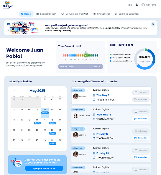 The Leaner Platform Panel de estudiantes que muestra el nivel del curso de inglés, las horas completadas, el calendario y las próximas clases en vivo.