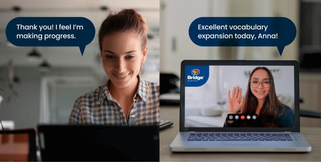 Alumna en clase de inglés online con Global Teacher de Bridge