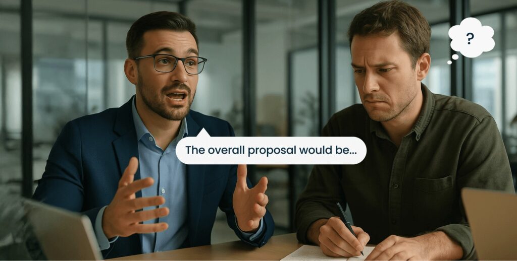Professional struggling to understand an English presentation in a business meeting 