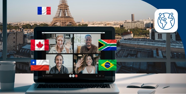 videollamada internacional con banderas de distintos países
