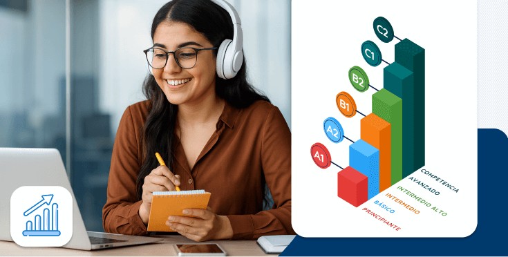 Persona estudiando inglés en línea con audífonos, tomando notas frente a su laptop junto a una gráfica de niveles CEFR.