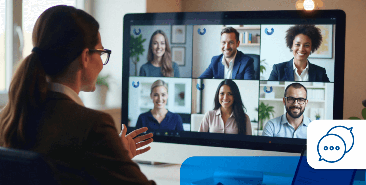 Professionals joining a virtual corporate English training session.