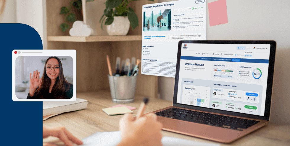 Persona estudiando inglés en un entorno híbrido usando la plataforma BridgeConnect, con contenido de aprendizaje y una videollamada con una docente en pantalla.