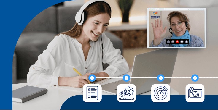 Profesional participando en una clase de inglés online con docente, representando la activación temprana de programas de idiomas corporativos. 