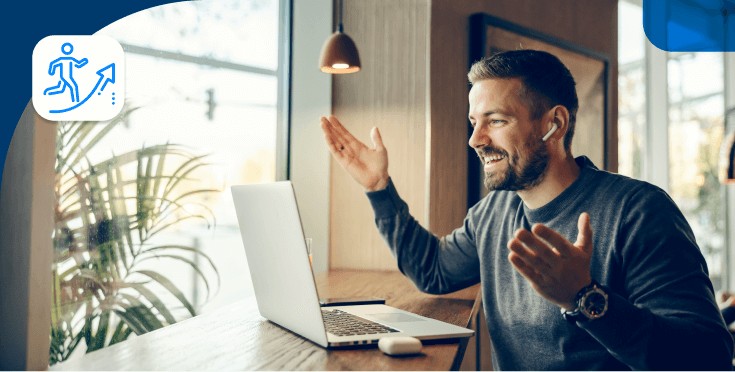 Professional confidently speaking English in a video call.