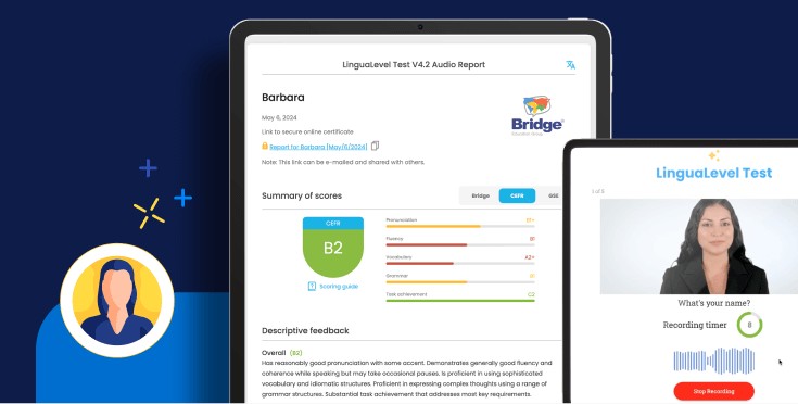Screens of a LinguaLevel report showing CEFR level, scores, and a video assessment within the Bridge ecosystem. 