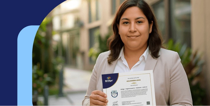Person in an urban setting holding an official certificate issued by Bridge. 