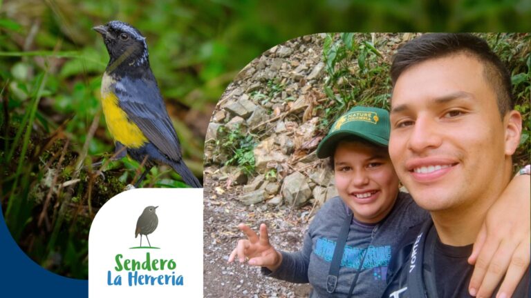 Yersson and Shaira at Sendero La Herrería alongside the Cundinamarca Antpitta, showing how learning English supports conservation and sustainable tourism.