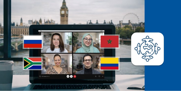 Online English class with Global Teachers from different countries, representing communication in global and multicultural contexts. 