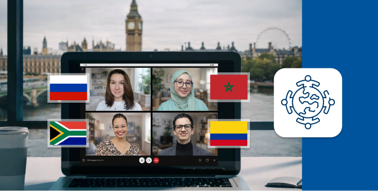 Clase de inglés online con Global Teachers de distintos países, representando la comunicación en contextos globales y multiculturales.