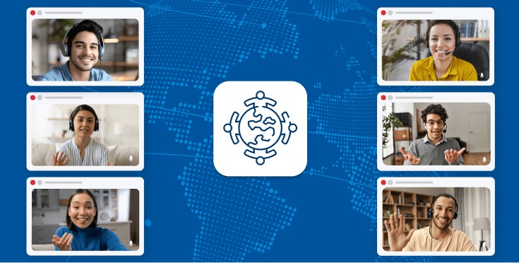 Virtual meeting with multicultural teams, highlighting how English enables global collaboration in a hybrid work environment.