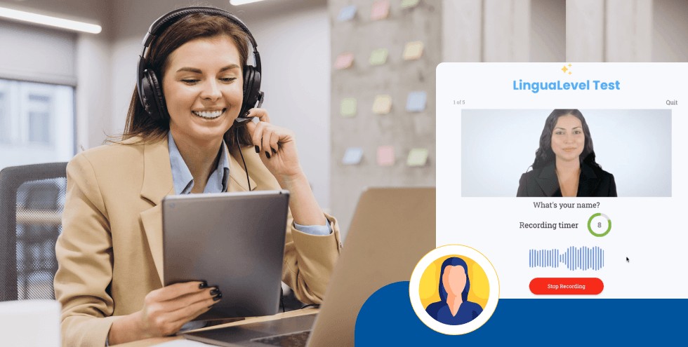 Profesional realizando evaluación de nivel de inglés online en plataforma digital, utilizando tecnología para medir habilidades y progreso en programas corporativos. 