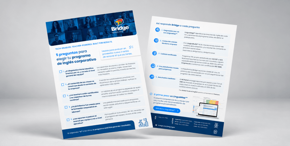 Cheat sheet de dos páginas con 5 preguntas para elegir un programa de inglés corporativo y cómo responde Bridge a cada una
