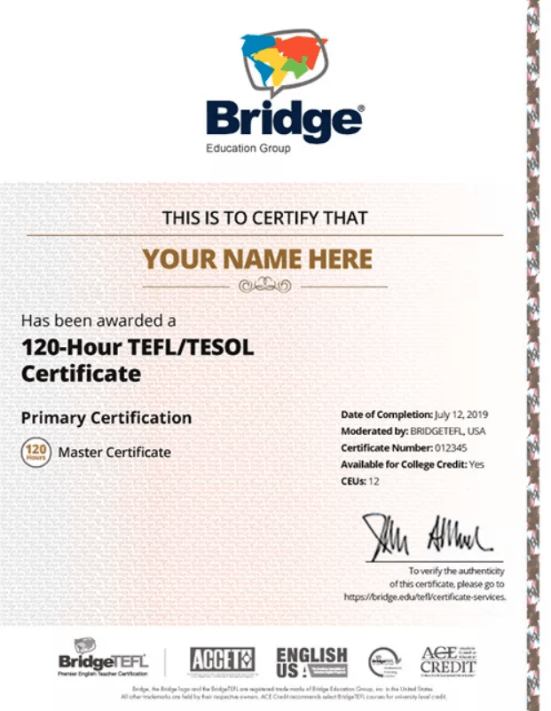 BridgeTEFL certificate 