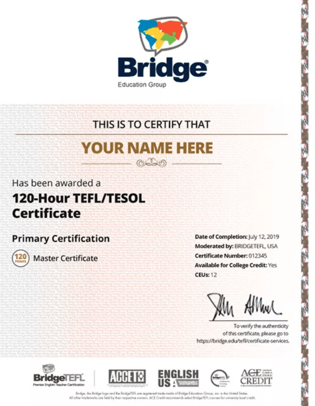 BridgeTEFL certificate