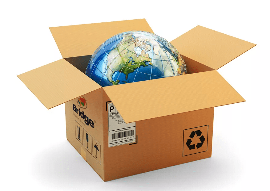 Earth box. World wide shipping Concept with package Boxes on World Globe Map. Express delivery Concept, fast shipping.