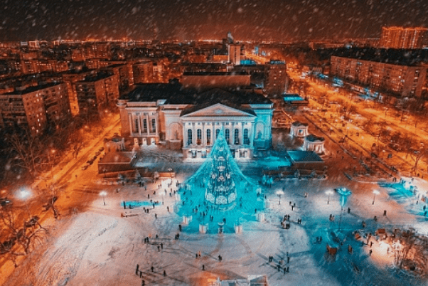 The square in Tyumen Russia at Christmas time