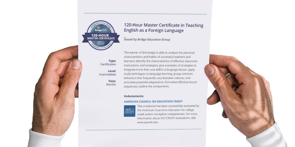 printed badge for the 120-hour Master Certificate in Teaching English as a Foreign Language.