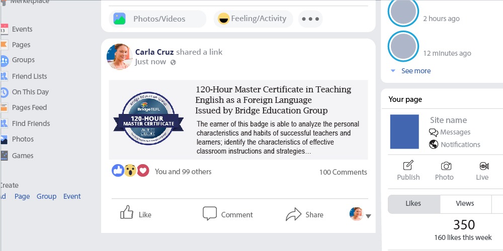 a Facebook post showing a digital badge added to a profile.