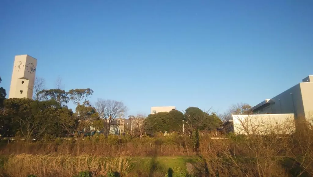 outside the junior and senior high school buildings in rural Japan
